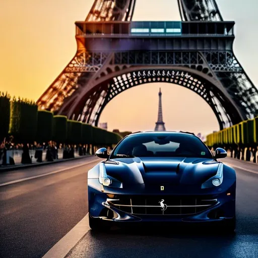 Prompt: NAVY BLUE FERRARI FF PARKED IN FRONT OF THE EIFFEL TOWER IN PARIS FRANCE, IN COLOR