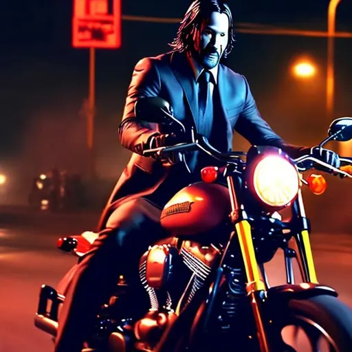 Prompt: JOHN WICK RIDING A HARLEY DAVIDSON MOTORBIKE IN THE NIGHT