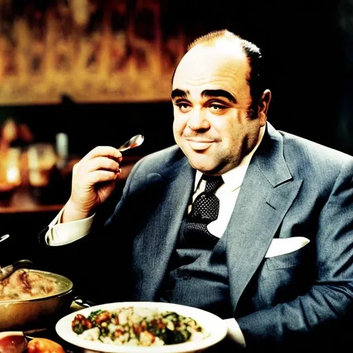 Prompt: AL CAPONE EATING DINNER IN COLOR
