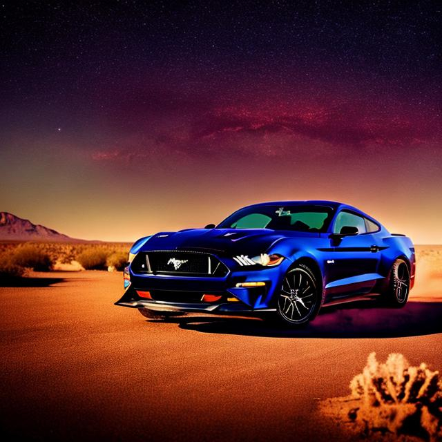 Prompt: NAVY BLUE FORD MUSTANG IN A COLORFUL DESERT IN THE NIGHT
