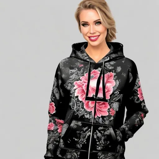 Prompt: BEAUTIFUL SHOWGIRL WEARING A BLACK FLORAL DESIGN HOODIE