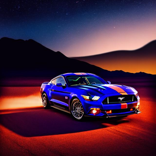 Prompt: NAVY BLUE FORD MUSTANG IN A COLORFUL DESERT IN THE NIGHT