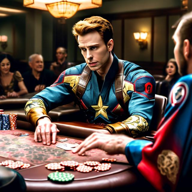 Prompt: CAPTAIN AMERICA WEARING A GOLD FLORAL DESIGN KIMONO PLAYING POKER