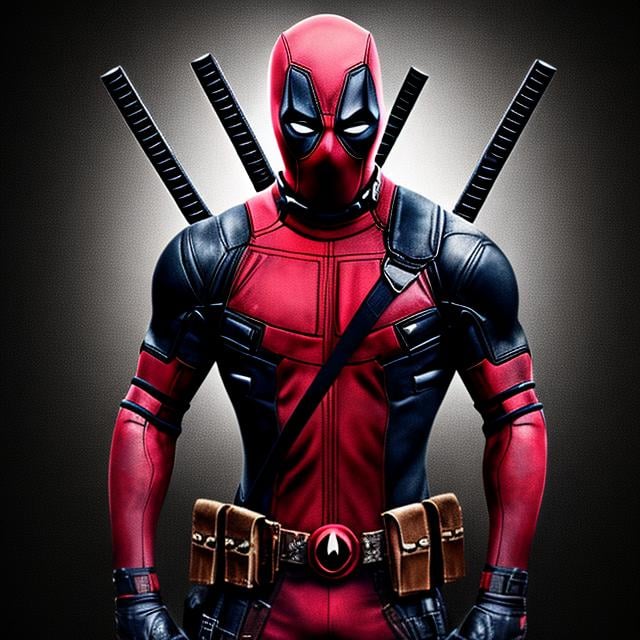 Prompt: High-resolution photo of superhero DEADPOOL, ALL black costume, uhd, hdr, 64k STANDING INFRONT OF A BLACK BACKGROUND
