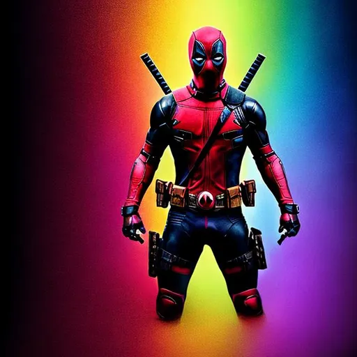 Prompt: High-resolution photo of superhero DEADPOOL, ALL black costume, uhd, hdr, 64k STANDING INFRONT OF A COLOR DISPERSION BACKGROUND