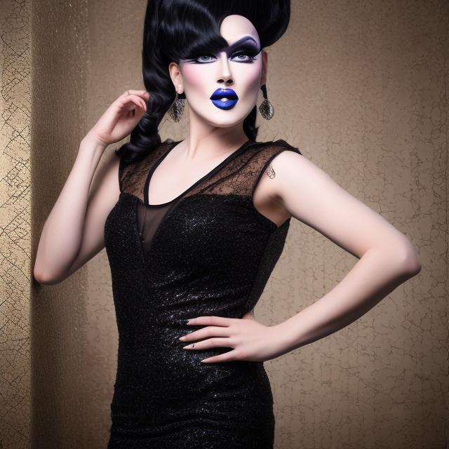 Prompt: DRAG QUEEN WOMAN IN A BLACK AND BLUE EVENING DRESS