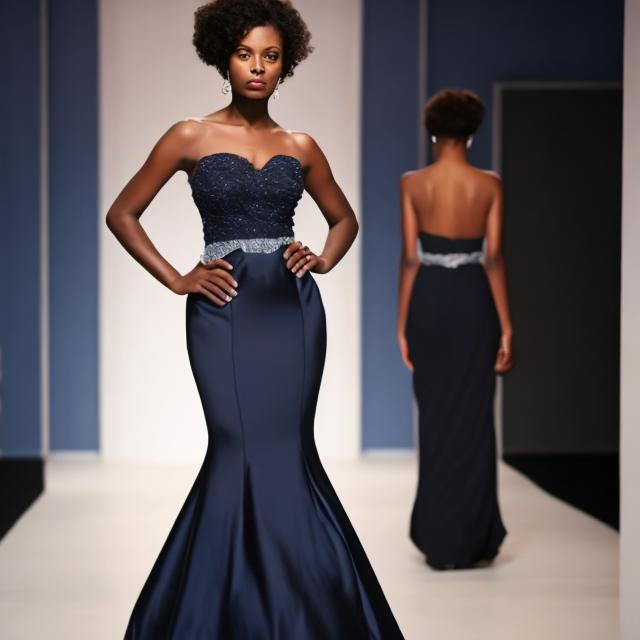 Prompt: BLACK WOMAN IN A NAVY-BLUE EVENING DRESS IN COLOR