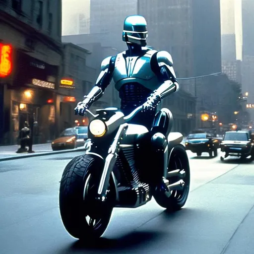 Prompt: ROBOCOP RIDING HIS  MOTORCYCLE IN THE CITY