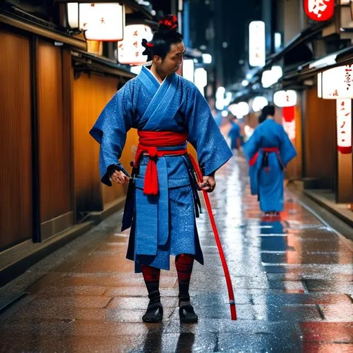 Prompt: craft a shinobi wielding a katana sword, wearing a blue and red kimono walking in Tokyo., Japan in the rain.