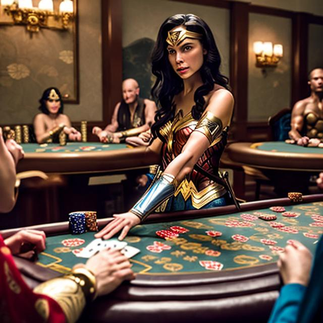 Prompt: WONDERWOMAN WEARING A GOLD FLORAL DESIGN KIMONO PLAYING POKER