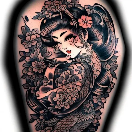 Prompt: TATTOOED GEISHA TATTOO ARTIST