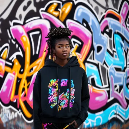 Prompt: TALL BLACK GIRL WEARING A HOODIE WITH BRAIDED HAIR STANDING INFRONT OF A VIBRANT GRAFFITI WALL MURAL
