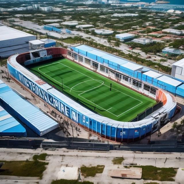 Prompt: SHIPPING CONTAINER SOCCER STADIUM IN MIAMI