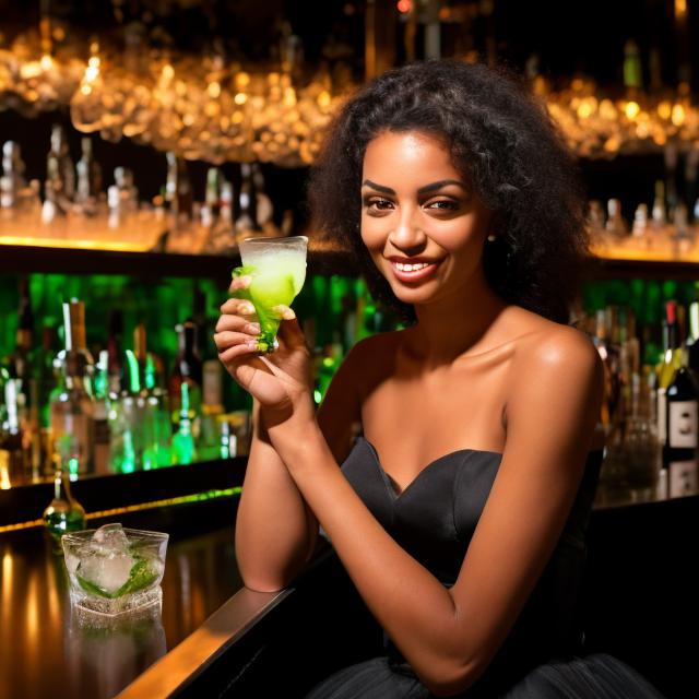 Prompt: Mixed race female wearing a black evening dress  drinking virgin mojito at a bar