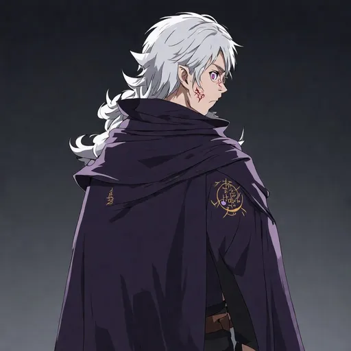 Prompt: A dnd token, top down of Raif, he is a 19-year-old pale elf with a striking white/gray complexion. He has a tall and slender build, with a height of around 5'9" and a weight of 130 lbs. He has long striking white hair that falls in tattered curls down the side of his face. He has a downward scar to the right of his lip that he aquired in battle. He has pale white eyes with a pale red iris and a cloth covering one of his other eyes. His body is toned and athletic. He carries himself with a keen awareness always ready for battle, and his movements are precise and controlled. He is wearing a dark and muted purple cloak with slight wear and tattering from use in battle. Embroidered in the lining of the cloak are worn looking copper/bronze arcane writing and on the back of the jacket in the centre is a symbol of his faction 'The Arkhus Emissaries'. The symbol looks like a purple crescent moon, it's points facing upwards with a full purple moon in the middle and various arcane writing amongst it.