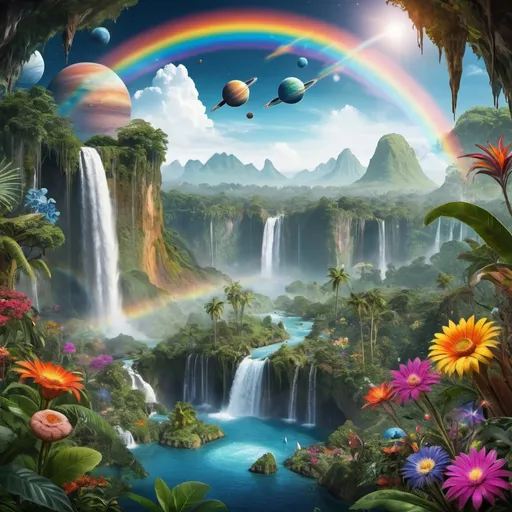 Prompt: fantastic world with rainbows, jungle, flowers, a waterfall, and a sky full of planets