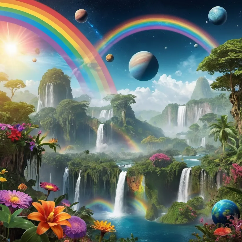 Prompt: fantastic world with rainbows, jungle, flowers, a waterfall, and a sky full of planets