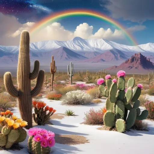 Prompt: desert with desert flowers, cactus, a galaxy in the sky, snowed mountains in the horizon, a rainbow, and an oasis