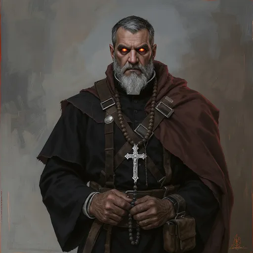 Prompt: ### **1. Father Ignatius (The Cursed Priest)** * **Key Visual Themes:** Holy vs. Demonic, Burdened Strength, Worn Grandeur. * **Physical Description:** A man in his late 40s with a powerful, broad-shouldered build that speaks of physical labor and combat. His face is strong and kind but worn with deep lines of stress and sorrow around his eyes. His hair is dark, peppered with grey, and cut short. In his human form, his eyes are a deep, warm brown, but when his anger flares, they glow with a faint, internal hellfire (red/orange). * **Clothing & Gear:** He wears the black cassock and collar of a Catholic priest, but it's seen better days—slightly frayed at the cuffs, a faint stain here and there. Over it, he might wear a worn leather tactical harness or a simple strap that holds his most important item: **His Rosary**. It's large, with 128 dark, polished wood beads, each one intricately carved with tiny, almost microscopic prayers or warding symbols. The cross is heavy, cast from silver that is tarnished almost black. * **Pose & Expression:** He stands tall, but his shoulders are slightly slumped with the weight of his burden. One hand is clenched at his side, the other holds the rosary, his thumb gently worrying a single bead. His expression is one of deep, pensive calm, but a faint flicker of red in his eyes hints at the storm within. 