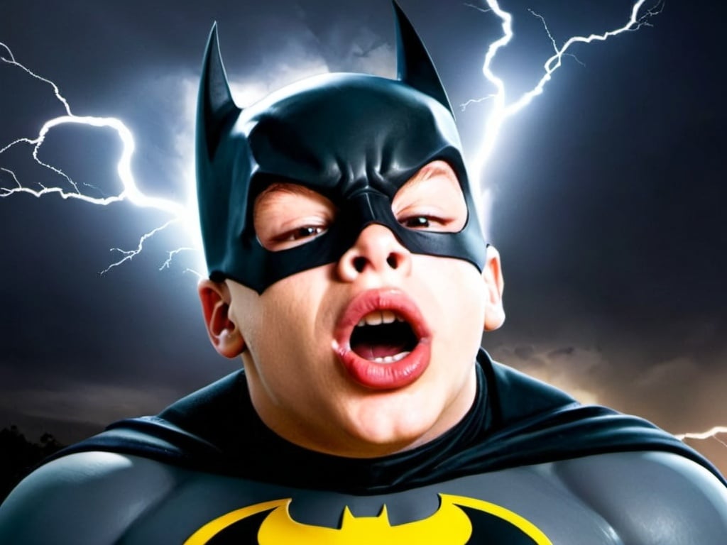 Prompt: A fat batman getting struck by lightning 