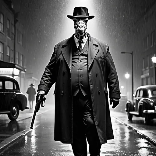 Prompt: A morbily obese giraffe in a black suit and bowler hat in a trench coat in the rain on the street at night in a black and white  movie art type holding a revolver