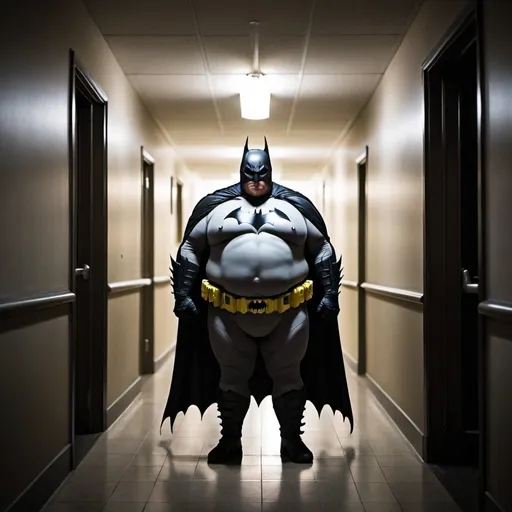 Prompt: A morbily obese batman at the end  of dark corridor 