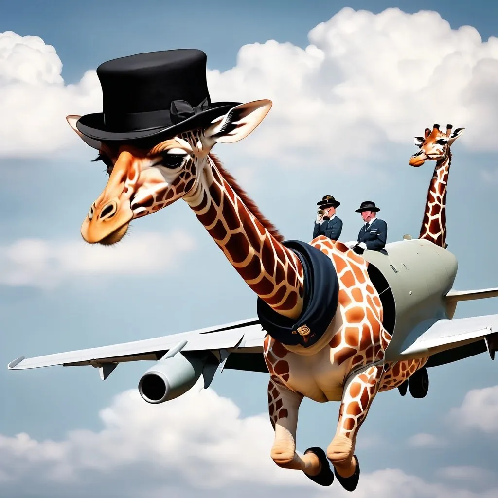 Prompt: A giraffe in a bowler hat flying a kc-135