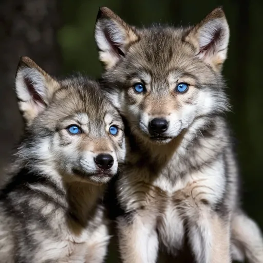 Prompt: Two grey wolf cubs, forest, blue eyes, close to each other, affection