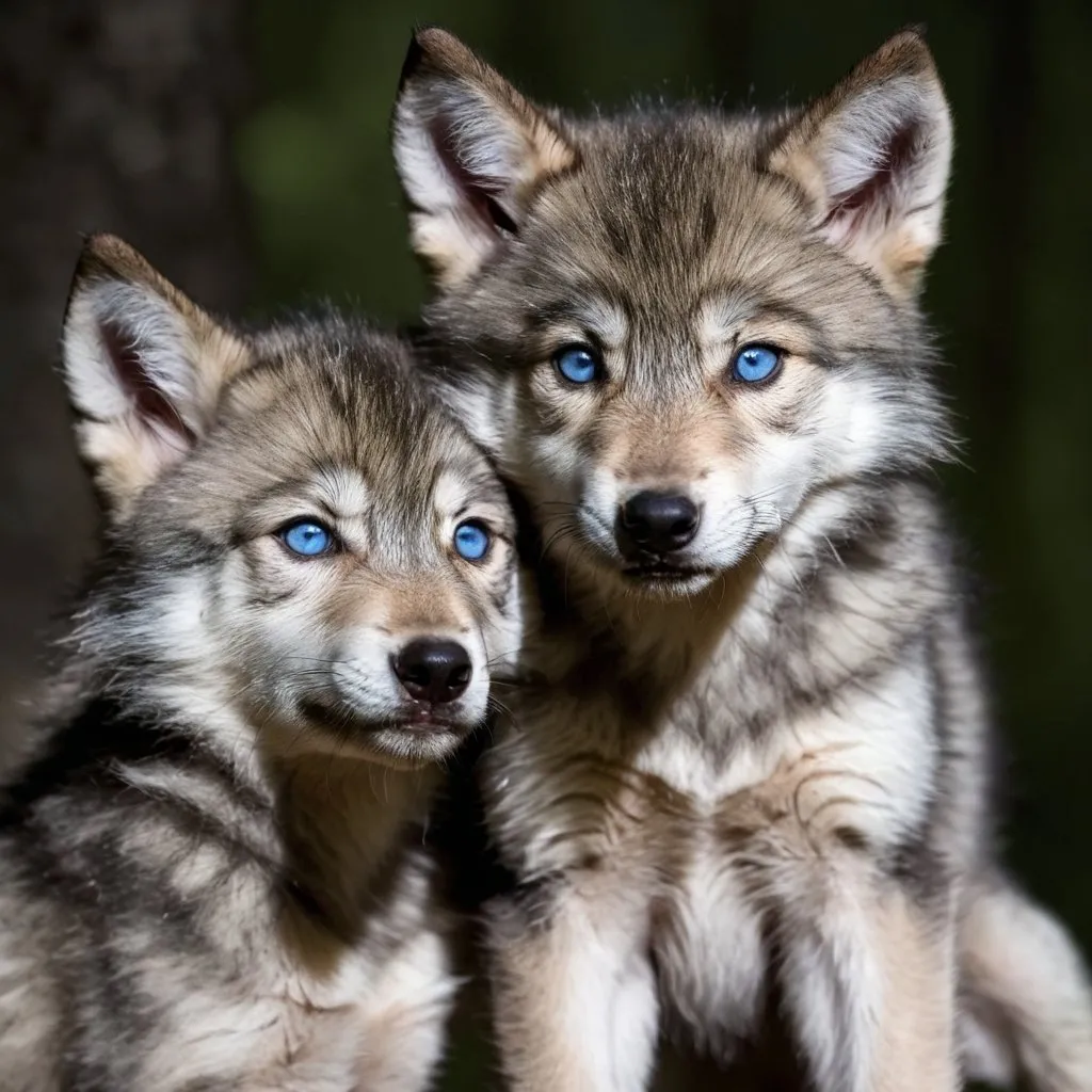 Two grey wolf cubs, forest, blue eyes, close to each...