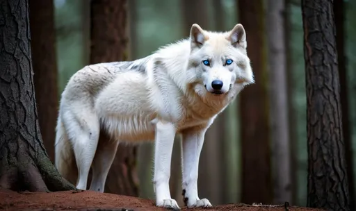 Prompt:  LARGE white Male Alpha wolf with blue eyes, forest 