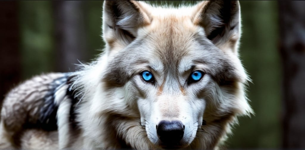 Prompt: Grey Male Alpha wolf with blue eyes, forest 