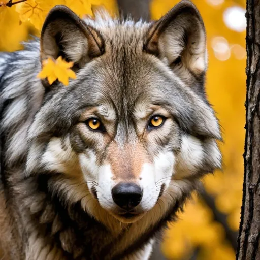 Prompt: Grey wolf with honey brown eyes in the tress