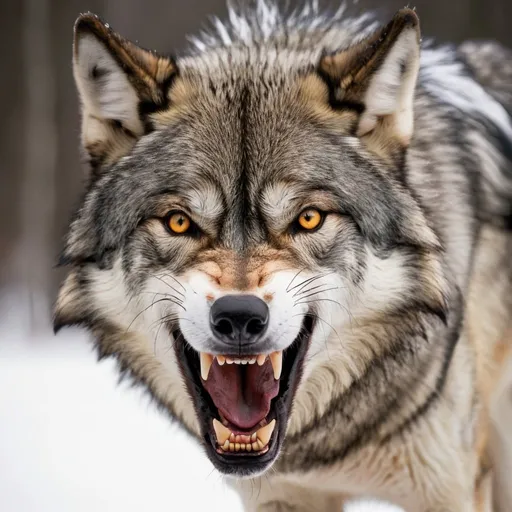 Prompt: Snarling Grey wolf with honey brown eyes, and teeth 