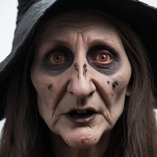 Prompt: Evil witch, downward long nose, brown moles on face