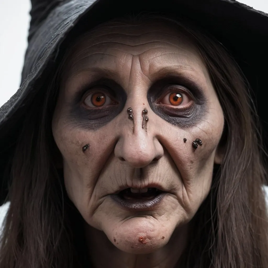 Prompt: Evil witch, downward long nose, brown moles on face