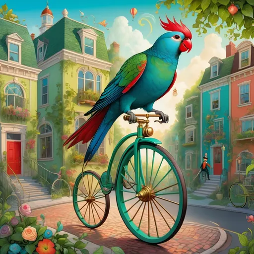 Prompt: A  human with the head of a parakeet, riding a penny farthing hi wheel,bike, whimsical detailed background,  Randolph Caldecott style