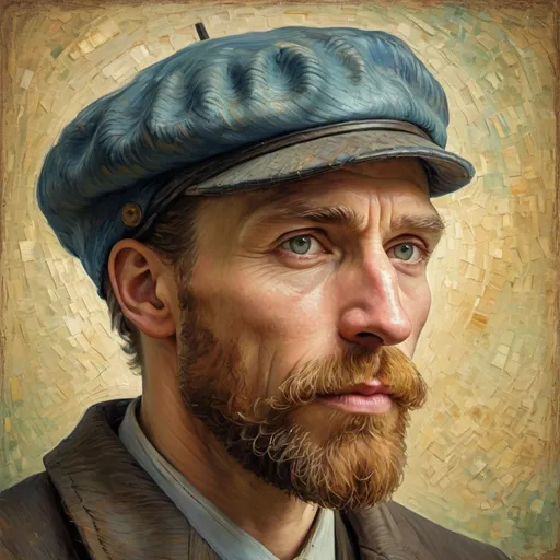 Prompt: Vintage artist profile illustration, textured oil painting style, detailed facial features with intense gaze, classic beret, professional quality, high resolution, oil painting, vintage, detailed profile, textured brushstrokes, intense gaze, classic beret, professional, warm tones, soft lighting, not van gogh look alike , profile side art painting, unrealistic looking like a painting of Van gogh or da vinci man looking in profile not in front 