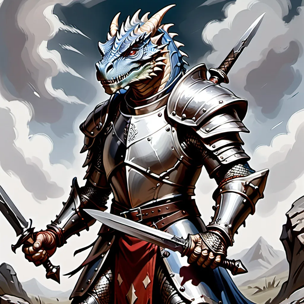 Prompt: Create an image of the race from DnD 5e dragonborn. He should be red, and wearing silver battle worn plate armor holding a steel sword in one hand