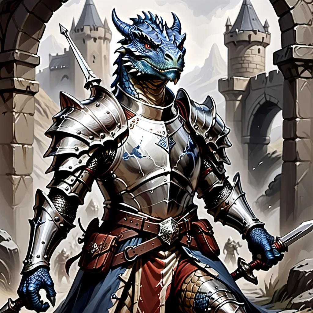 Prompt: Create an image of the race from DnD 5e dragonborn. He should be red, and wearing silver battle worn plate armor holding a steel sword in one hand