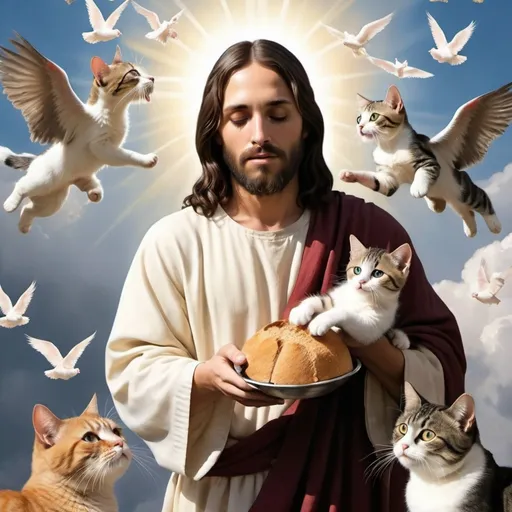 Prompt: create a picture of jesus feeding cats from the sky