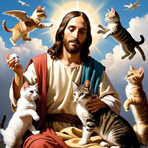 Prompt: jesus playing with cats from the sky
