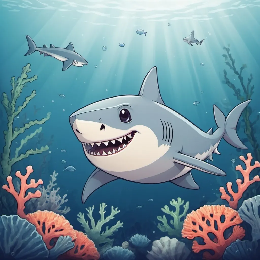 Prompt: Cute friendly shark kawaii style illustration, blue and grey outlines in the middle of the ocean. In the background there are some algae and corals.

Take into account the style of the following image: "openart-image_qzsAYUzn_1722903851534_raw"