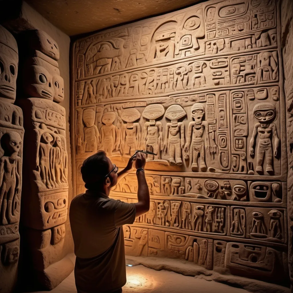 Prompt: a archeologist is finding an alien artefact inside a maya temple never seen before with many alien paintings on the wall