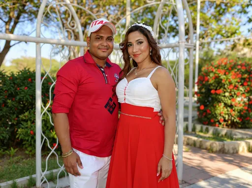 Prompt: This is a photograph of a couple standing outdoors in a sunny, garden-like setting. The man, positioned on the left, has a medium build and a medium-dark skin tone. He is wearing a red polo shirt with dark blue stripes on the sleeves, white pants, and a white baseball cap with red text. His right arm is wrapped around the woman's waist, and his left hand rests on her hip. The woman, standing to the right, has a light to medium skin tone and long, wavy brown hair. She is wearing a white, sleeveless, lace-trimmed top and a red, knee-length, A-line skirt with a gold chain belt. She accessorizes with a silver bracelet and a white headband with small pearls. She is looking at the camera with a slight smile. 
In the background, there is a white, wrought-iron archway, lush greenery, and red flowers. The ground is paved with reddish-brown bricks, and there are trees and bushes providing shade. The overall atmosphere is bright and cheerful, with natural light highlighting the couple and the surrounding garden. The image captures a moment of affection and casual elegance in a picturesque outdoor setting.