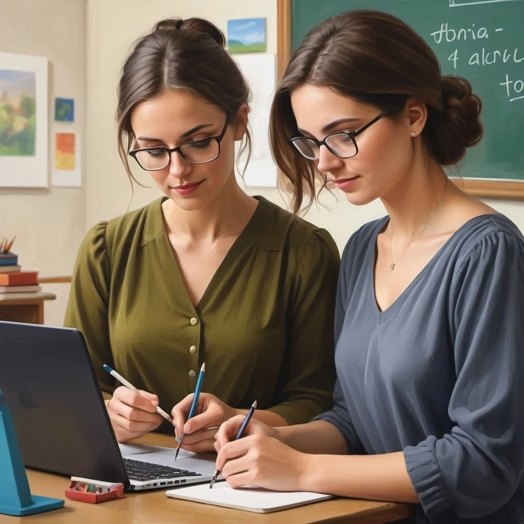 Prompt: make a romantic style painting of 
 a teacher modeling digital literacy to a college student
