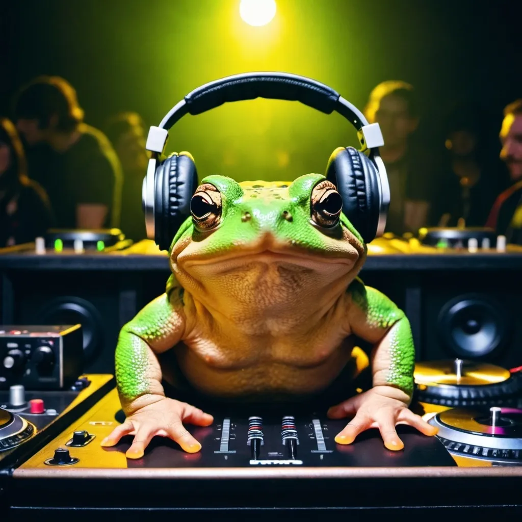 Prompt: a toad with headphones on in DJ booth playing to people