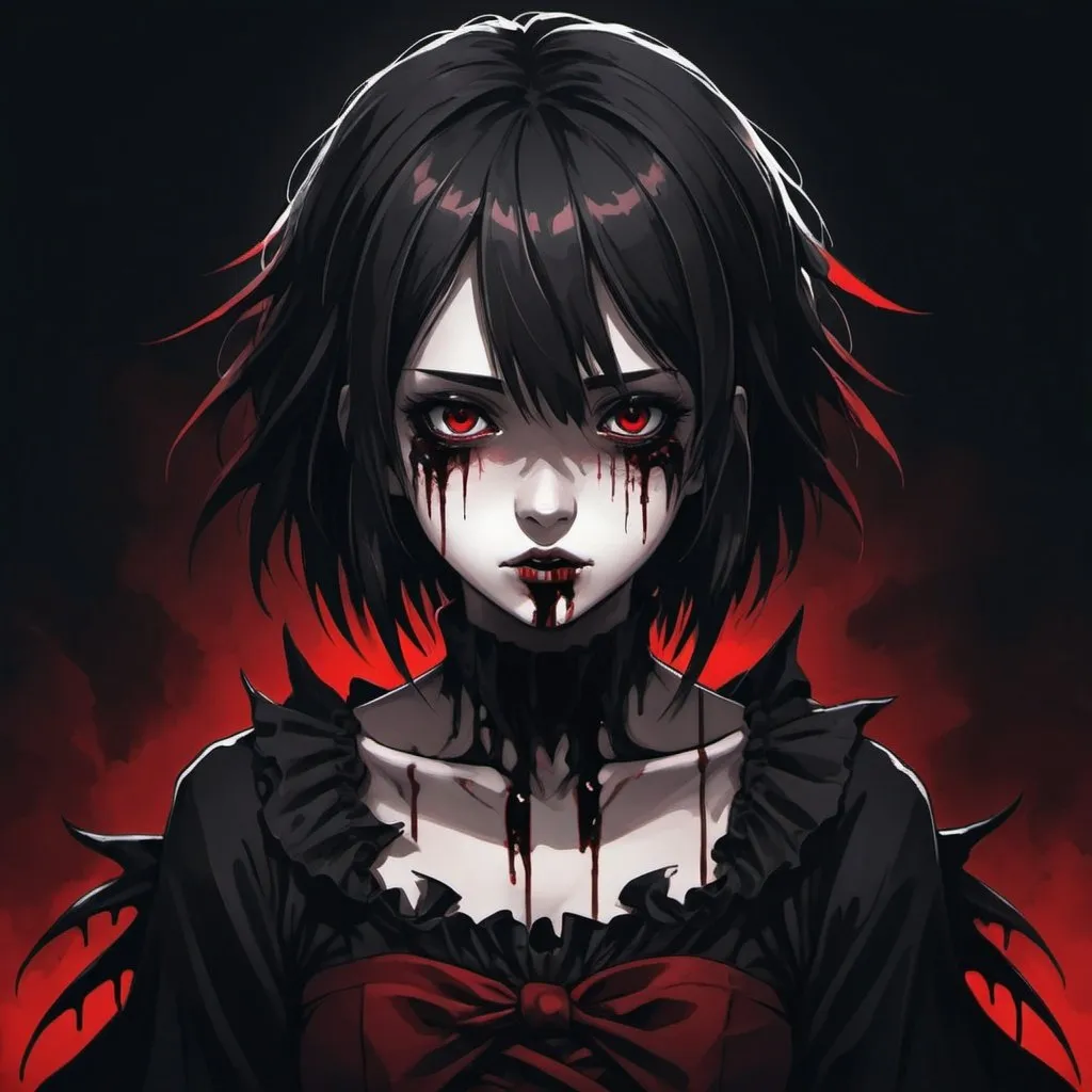 Prompt: Nightmare dark fantasy anime girl in horror story style using black and red colors