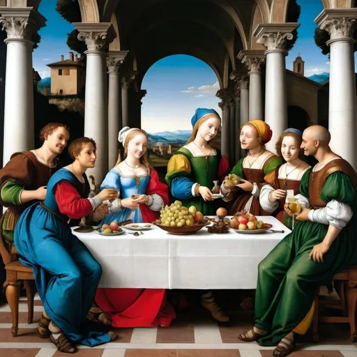 Prompt: Four friends gathered around a table in joyful conversation, depicted in the High Renaissance style of Raffaello Sanzio da Urbino. The scene is set in a warm, inviting interior with classical architectural elements. The table is adorned with a sumptuous spread of Italian Renaissance-era food and wine, including fruits, bread, and ornate goblets. The figures are arranged in a balanced composition, their faces animated with expressions of delight and camaraderie. Clothing should reflect the elegant fashions of 16th century Italy. Raphael's signature use of harmonious colors, soft lighting, and precise draftsmanship should be evident. The overall atmosphere is one of conviviality and refinement, capturing the spirit of Renaissance humanism and friendship