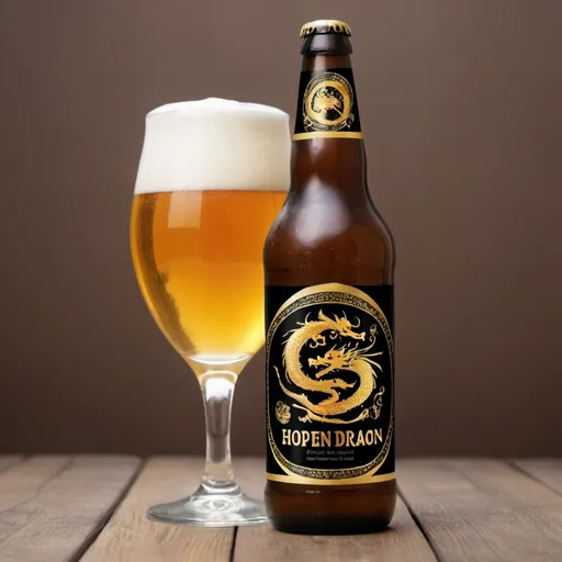 Prompt: Bier  etiket met de naam Golden Dragon met een hopbellen 