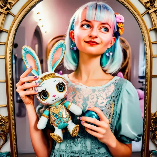 Prompt: art nouveau style, mirror selfie girl, (pastel color scheme), holding a bunny toy, sci-fi elements, flowing lines, intricate floral patterns, whimsical background, soft lighting, modern aesthetic, dreamy atmosphere, bold shapes, ultra-detailed, captivating design, ethereal and imaginative.